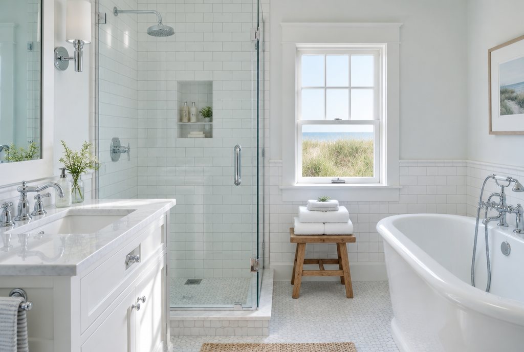 A clean white-tiled bathroom with folded towels