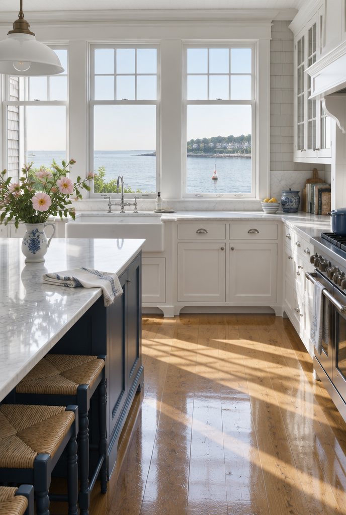 A bright, freshly cleaned kitchen in a shingle-style house with the harbor outside the windows