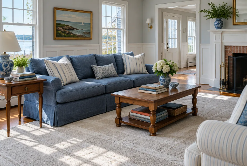 A tidy living room with vacuum lines in the rug