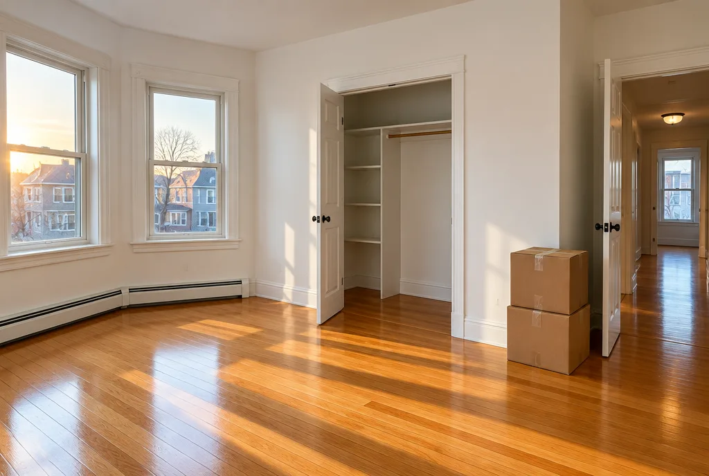 An empty, freshly cleaned bedroom with moving boxes by the door