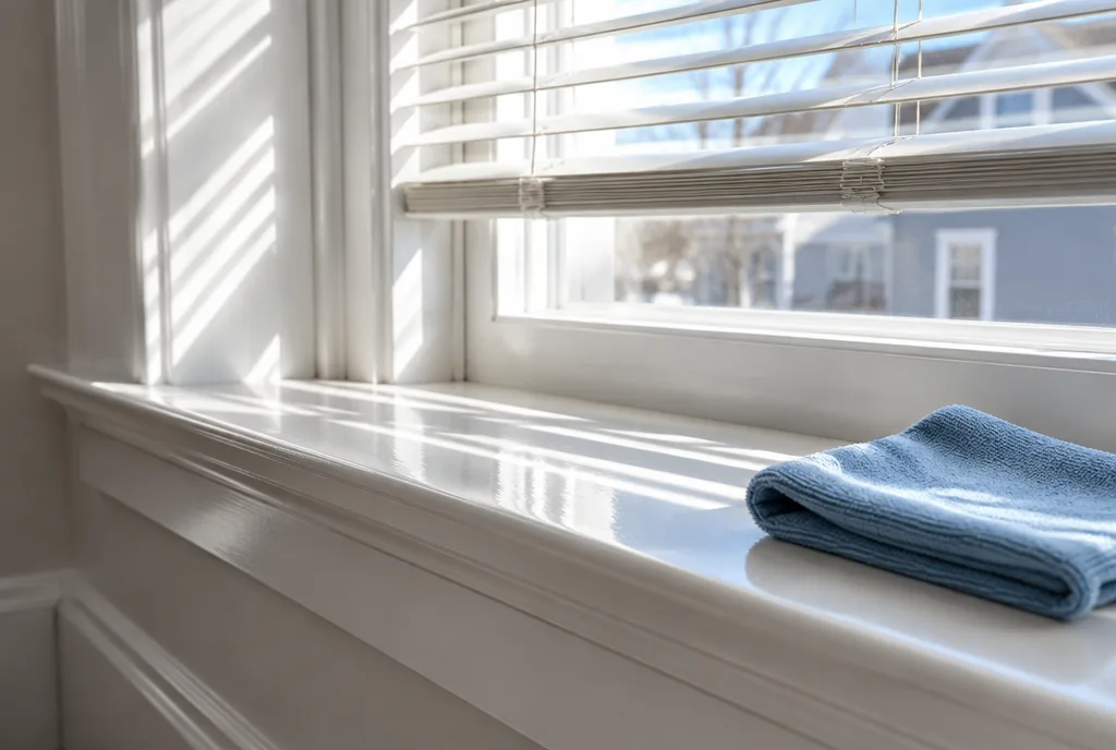 A spotless window sill and blinds in morning light